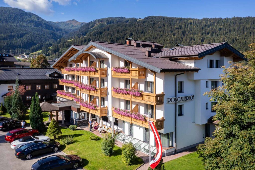 Pongauerhof exterior shot in summer from the hotel in Flachau